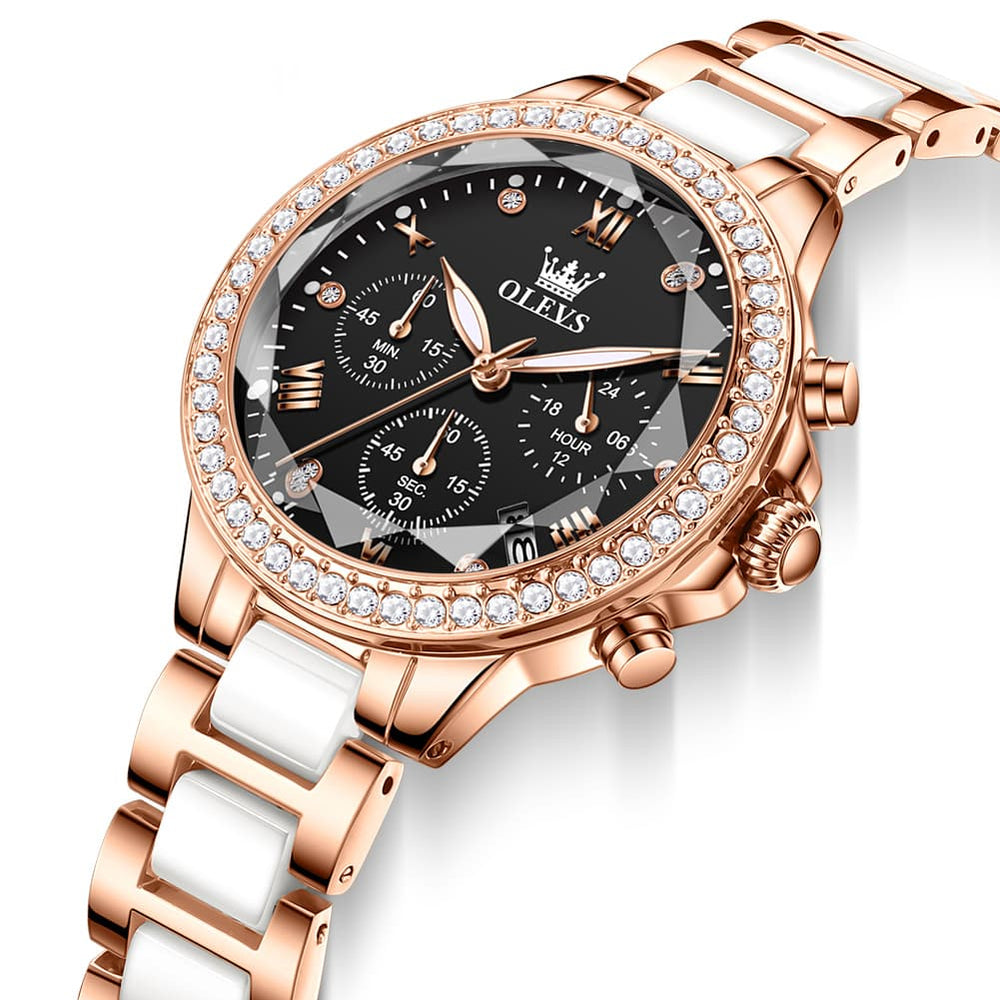 OLEVS 9999 Diamond Bezel Chronograph Ceramic Watch for Women - Rose Gold Black Watch | Olevs Watch Store