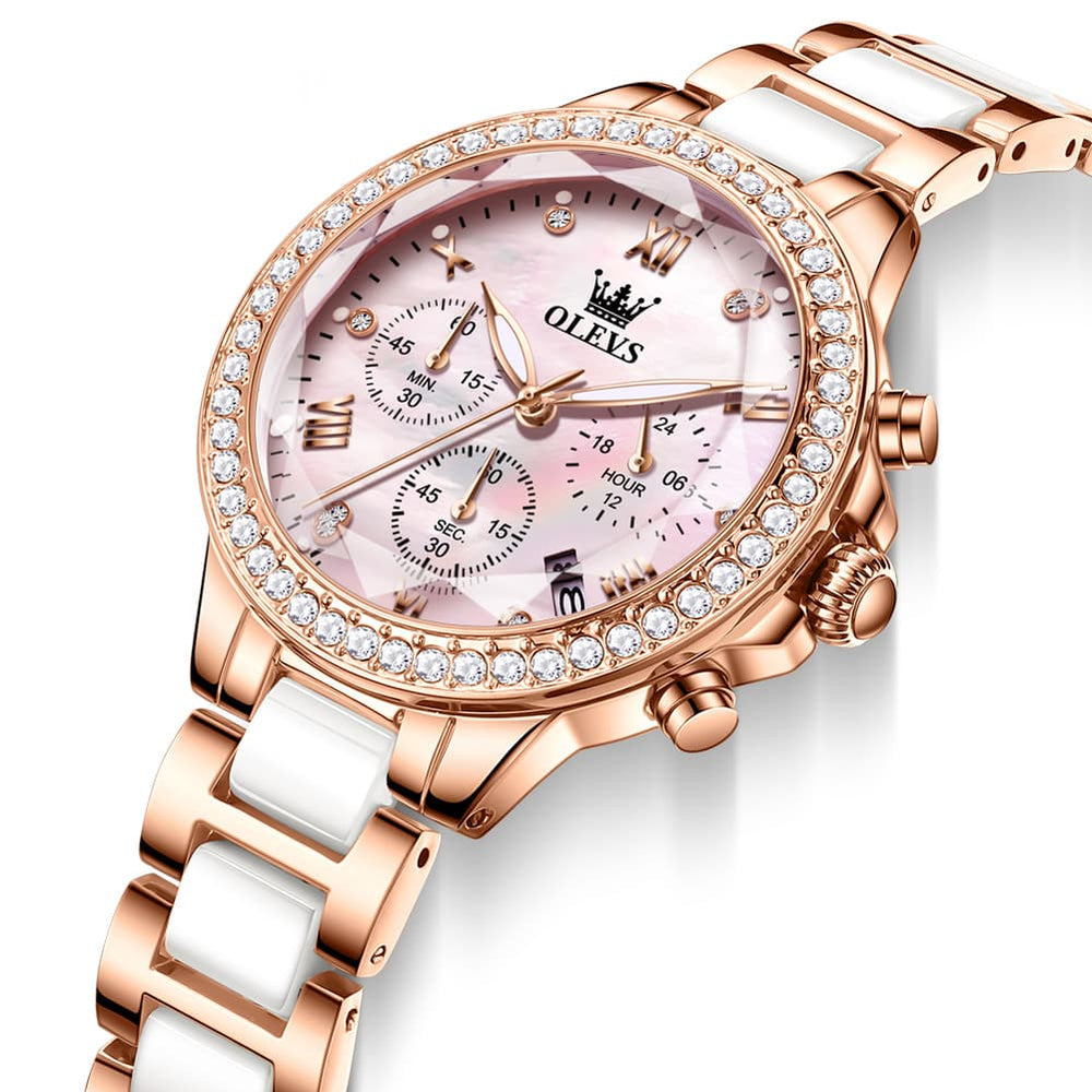 OLEVS 9999 Diamond Bezel Chronograph Ceramic Watch for Women - Rose Gold Black Watch | Olevs Watch Store