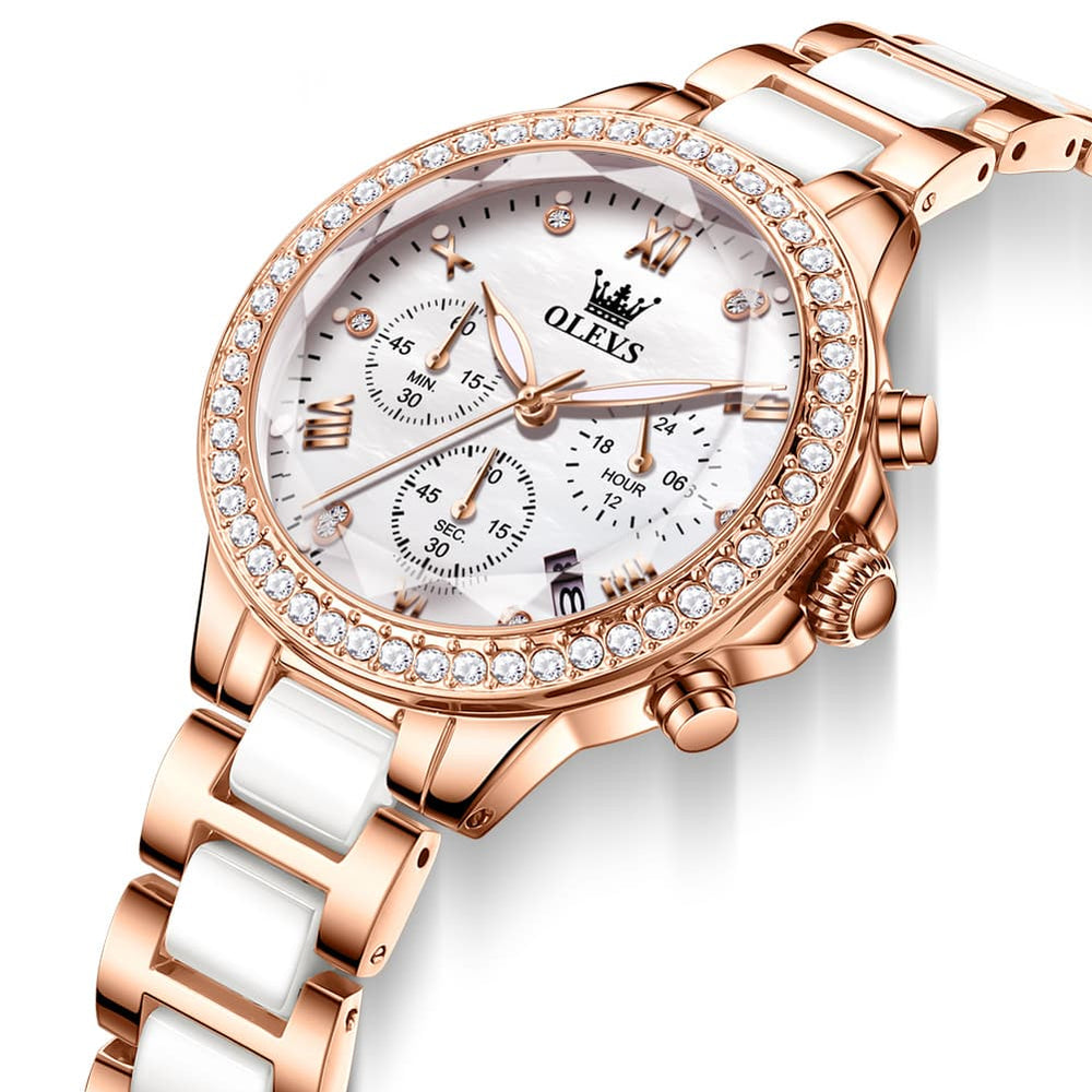 OLEVS 9999 Diamond Bezel Chronograph Ceramic Watch for Women - Rose Gold Black Watch | Olevs Watch Store
