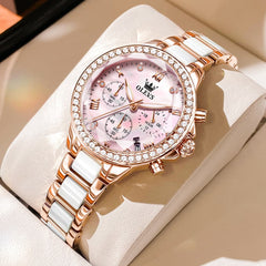 OLEVS 9999 Diamond Bezel Chronograph Ceramic Watch for Women - Rose Gold Pink Watch | Olevs Watch Store