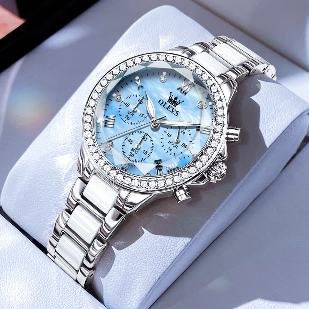 OLEVS 9999 Diamond Bezel Chronograph Ceramic Watch for Women - Silver Blue Watch | Olevs Watch Store
