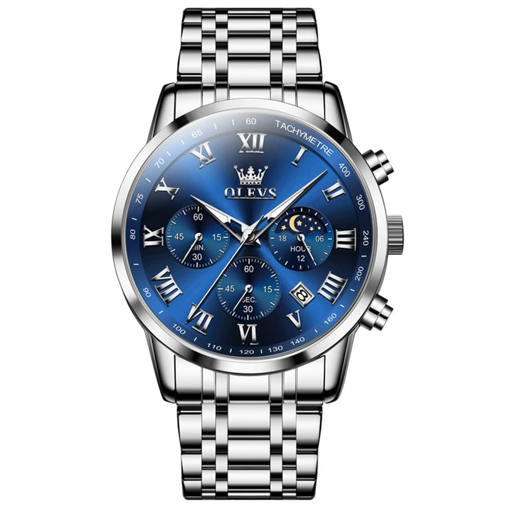 OLEVS Chronograph Moon Phase Dress Watch for Men Stainless Steel 5529 - Silver Blue Watch | Olevs Watch Store