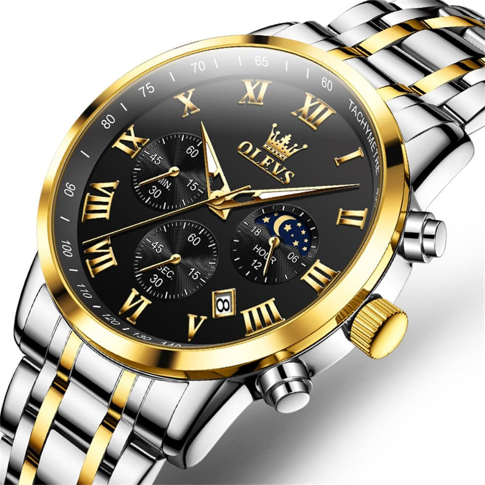 OLEVS Chronograph Moon Phase Dress Watch for Men Stainless Steel 5529 - All Black Watch | Olevs Watch Store