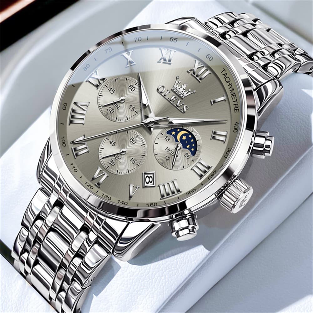 OLEVS Chronograph Moon Phase Dress Watch for Men Stainless Steel 5529 - Silver Gray Watch | Olevs Watch Store