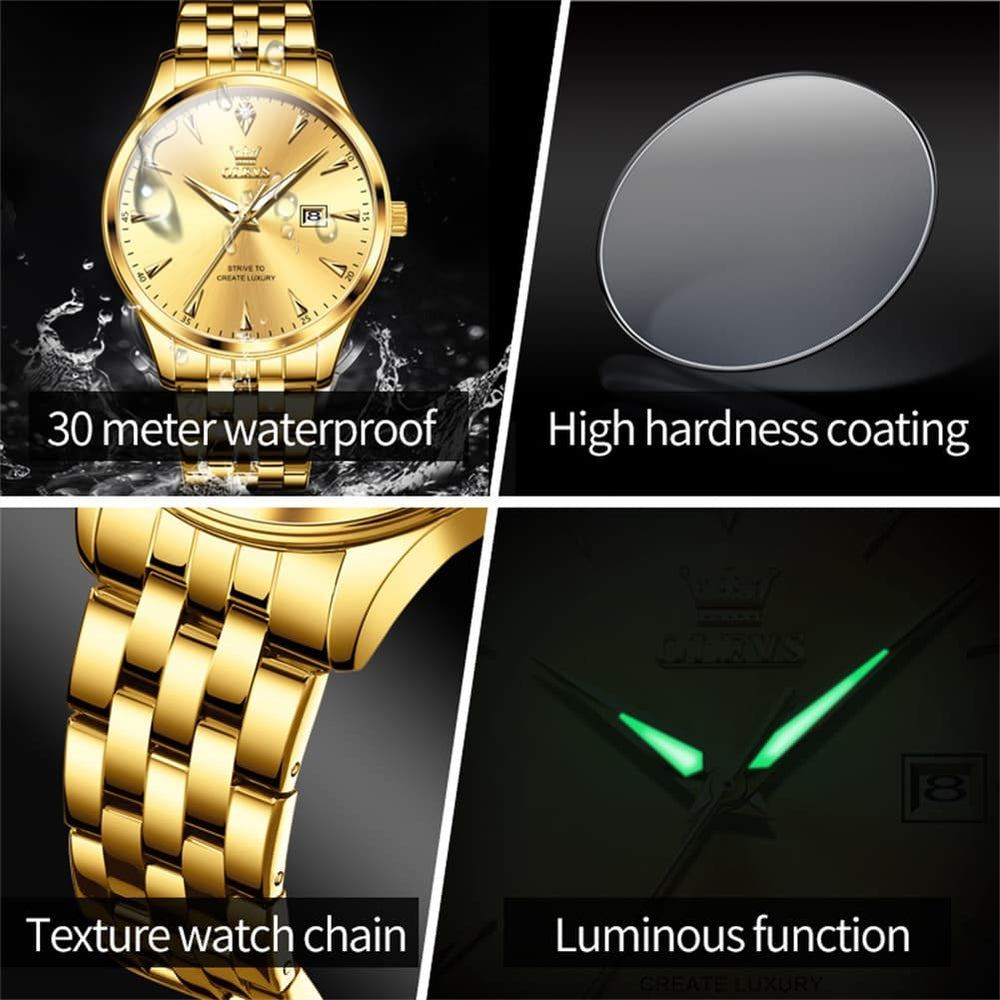 OLEVS Couple Watch Faceted Crystal Two Tone Stainless Steel Date Quartz 5598 - Women - All Gold Watch | Olevs Watch Store
