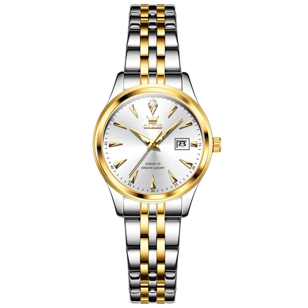 OLEVS Couple Watch Faceted Crystal Two Tone Stainless Steel Date Quartz 5598 - Women - All Gold Watch | Olevs Watch Store