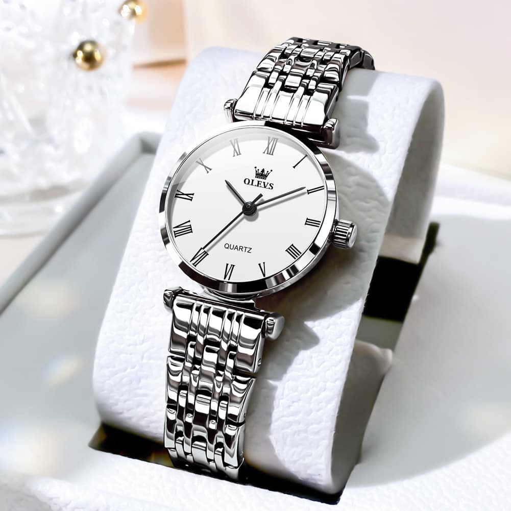 OLEVS Couple Watch Ultra Slim Roman Numerals Stainless Steel Quartz 5592 - Women - Silver White Watch | Olevs Watch Store