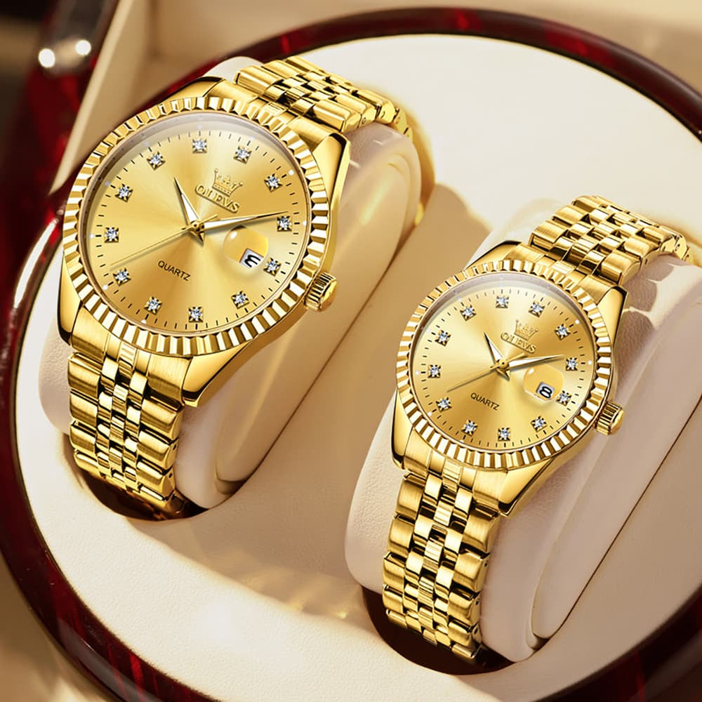 OLEVS Couple Watches Fluted Bezel Diamond Dial Quartz Watch 5526 Jubilee Band for His and Hers - Olevs Watch Store