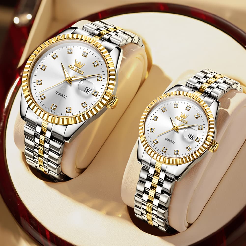 OLEVS Couple Watches Fluted Bezel Diamond Dial Quartz Watch 5526 Jubilee Band for His and Hers - Olevs Watch Store