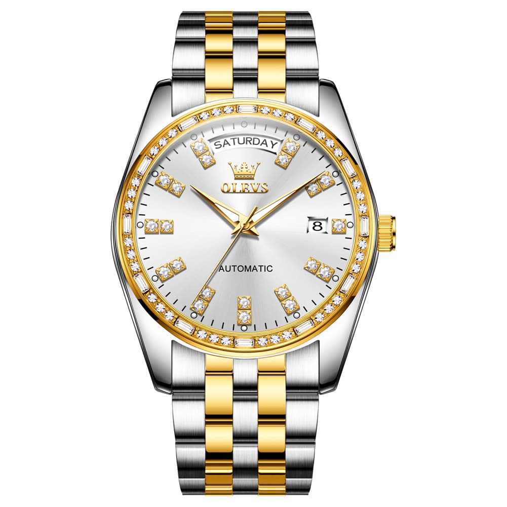OLEVS Diamond Bezel Day Date Automatic Mechanical Watch 9802 for Men - Full Gold Watch | Olevs Watch Store
