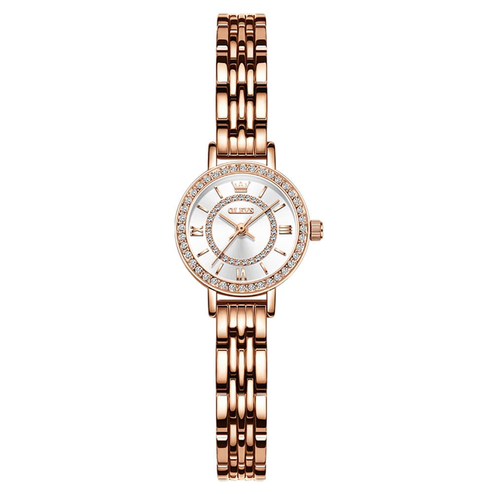 OLEVS Diamond Bezel Jewelry Bracelet Watch 5508 Petite Quartz for Women - Rose Gold Black Watch | Olevs Watch Store