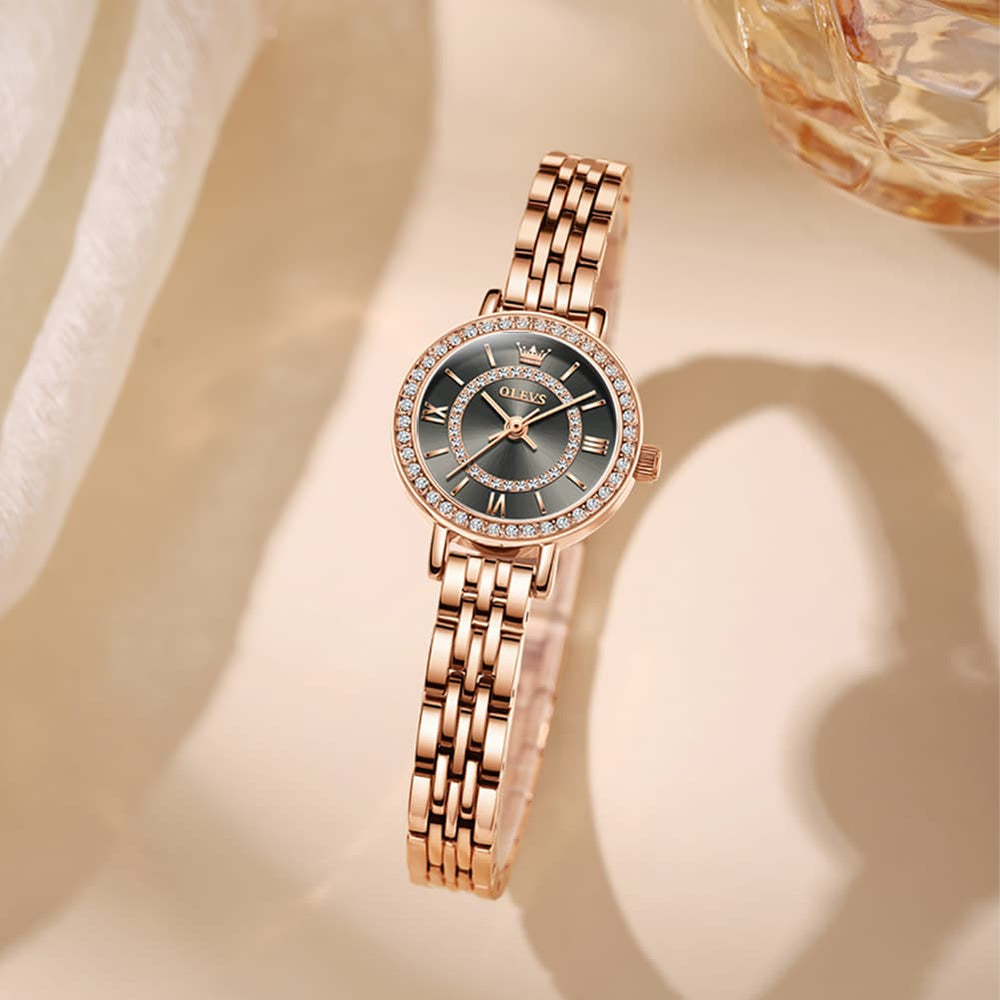 OLEVS Diamond Bezel Jewelry Bracelet Watch 5508 Petite Quartz for Women - Rose Gold Black Watch | Olevs Watch Store
