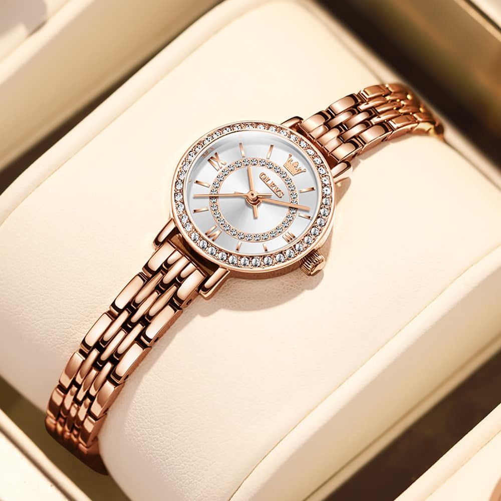 OLEVS Diamond Bezel Jewelry Bracelet Watch 5508 Petite Quartz for Women - Rose Gold Black Watch | Olevs Watch Store