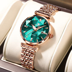 OLEVS Diamond Cut Crystal Dress Watch for Women Stainless Steel 5536 - Emerald Green Watch | Olevs Watch Store