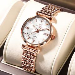 OLEVS Diamond Cut Crystal Dress Watch for Women Stainless Steel 5536 - Pearl White Watch | Olevs Watch Store