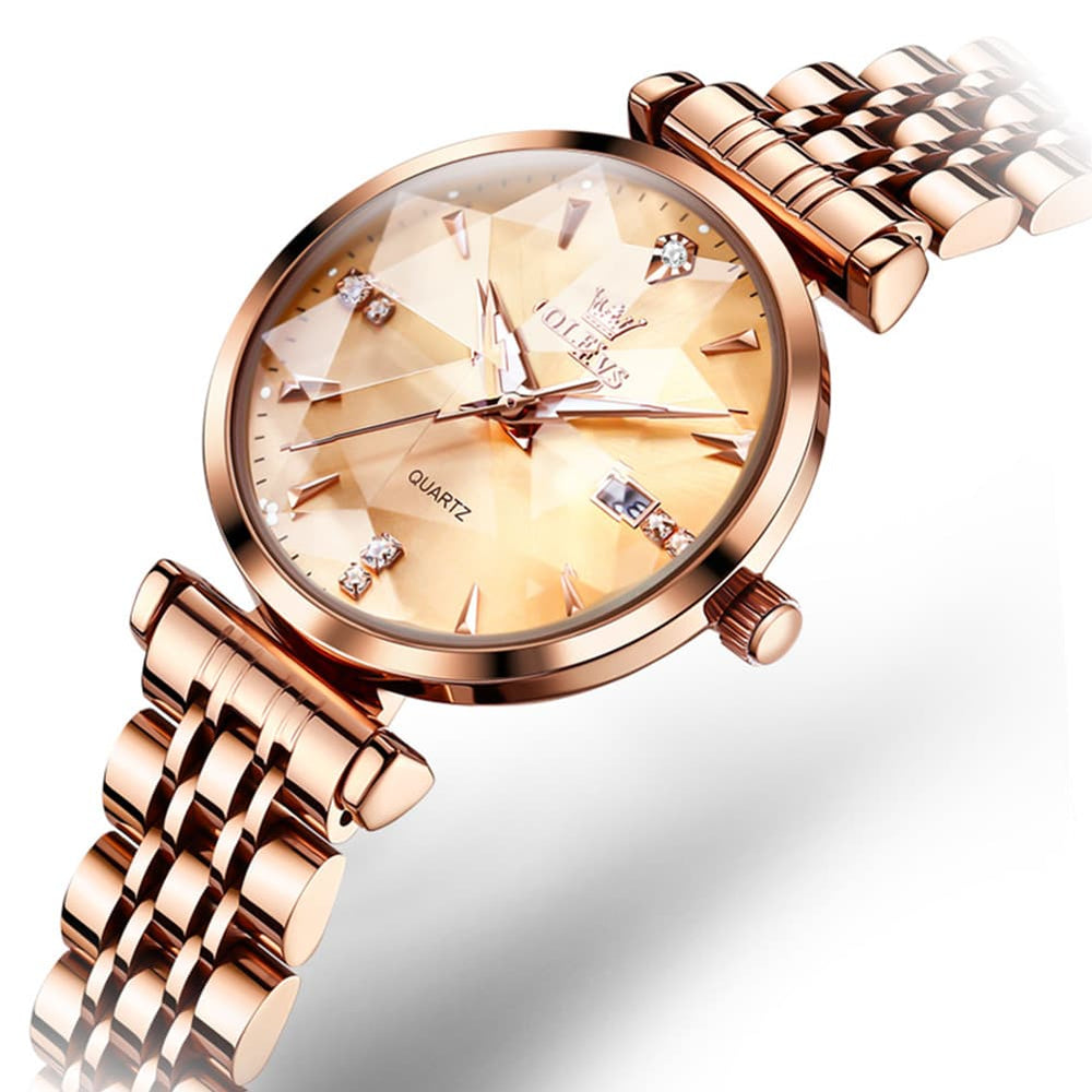 OLEVS Diamond Cut Crystal Dress Watch for Women Stainless Steel 5536 - Pearl White Watch | Olevs Watch Store