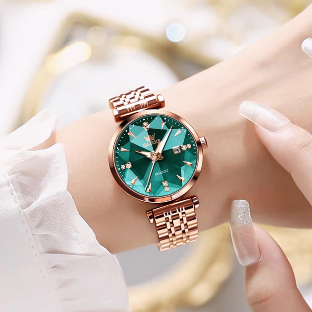 OLEVS Diamond Cut Crystal Dress Watch for Women Stainless Steel 5536 - Pearl White Watch | Olevs Watch Store