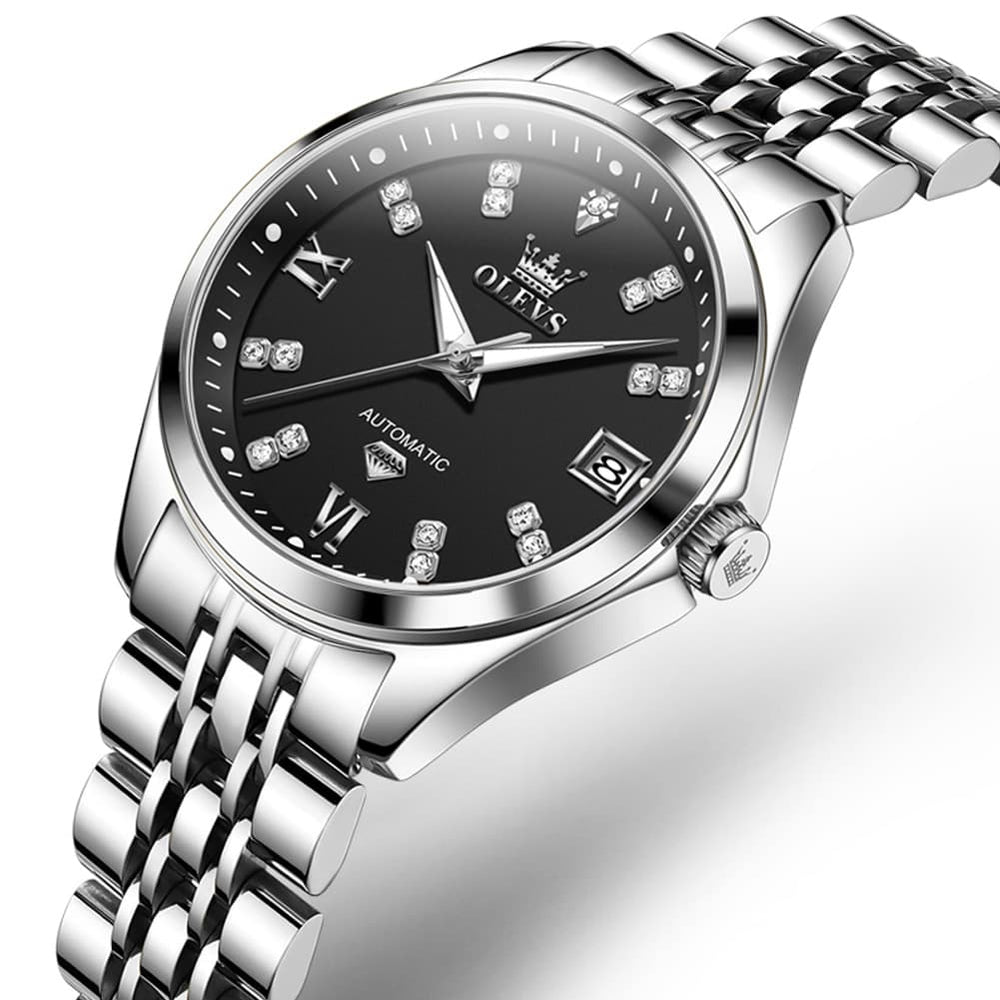 OLEVS Diamond Dial Automatic Mechanical Watch 9801 Date Display for Women - Silver Black Watch | Olevs Watch Store