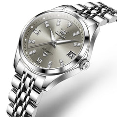 OLEVS Diamond Dial Automatic Mechanical Watch 9801 Date Display for Women - Silver Grey Watch | Olevs Watch Store