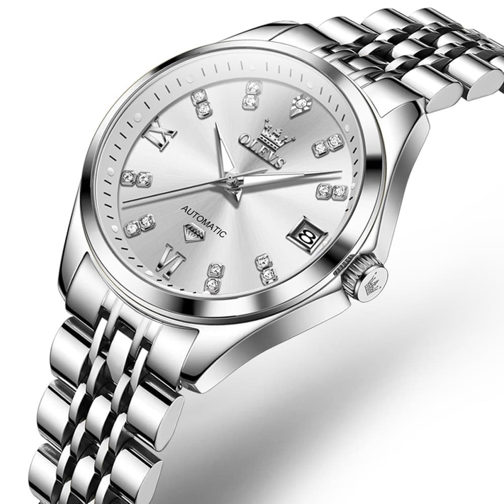 OLEVS Diamond Dial Automatic Mechanical Watch 9801 Date Display for Women - Silver White Watch | Olevs Watch Store