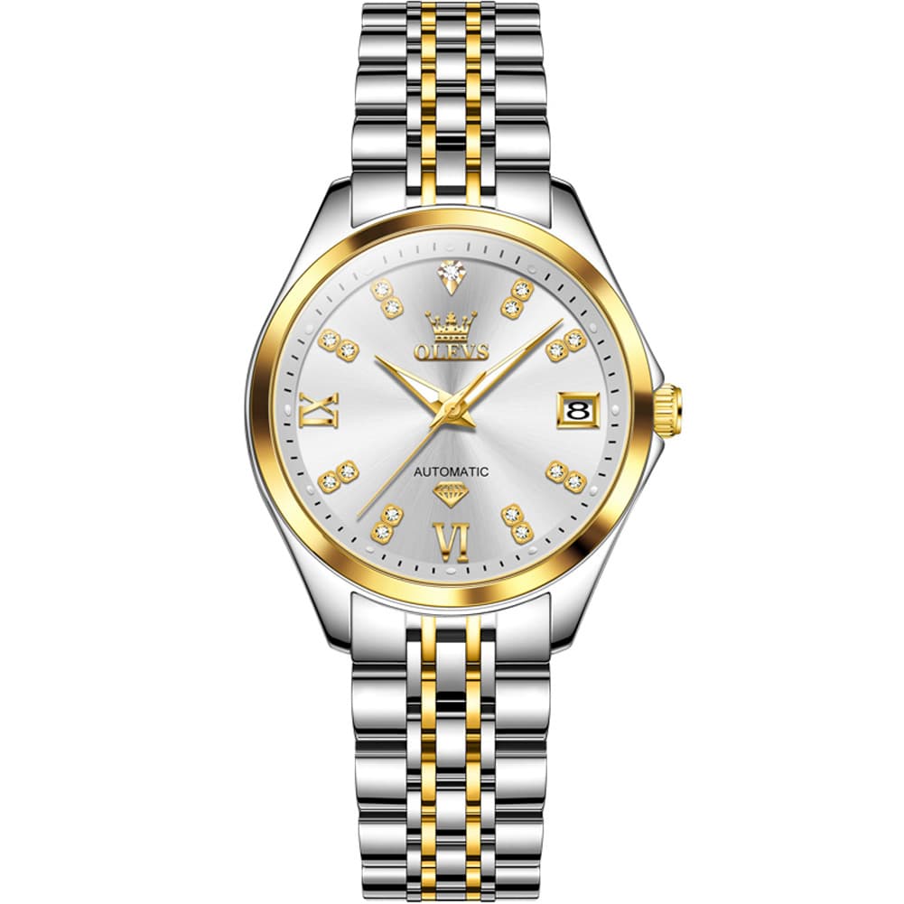 OLEVS Diamond Dial Automatic Mechanical Watch 9801 Date Display for Women - Two Tone Blue Watch | Olevs Watch Store