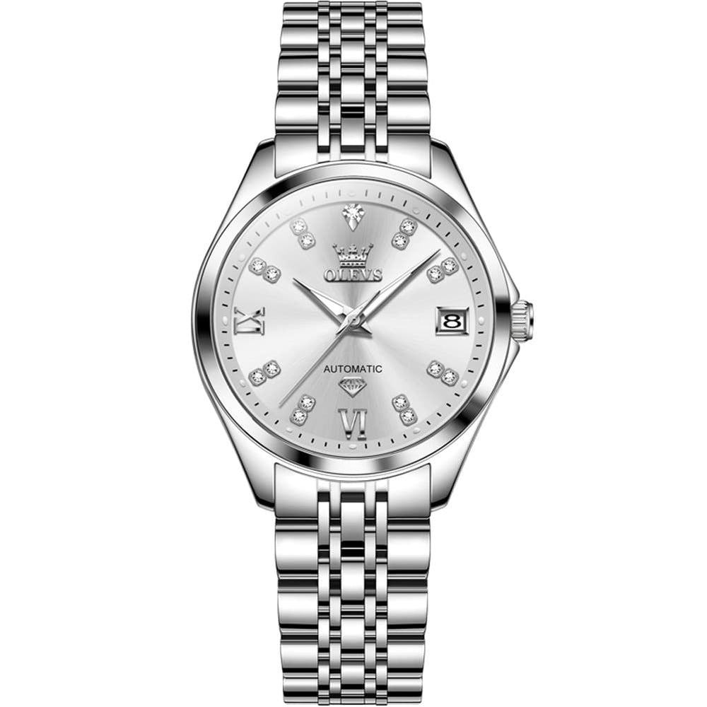 OLEVS Diamond Dial Automatic Mechanical Watch 9801 Date Display for Women - Two Tone Blue Watch | Olevs Watch Store