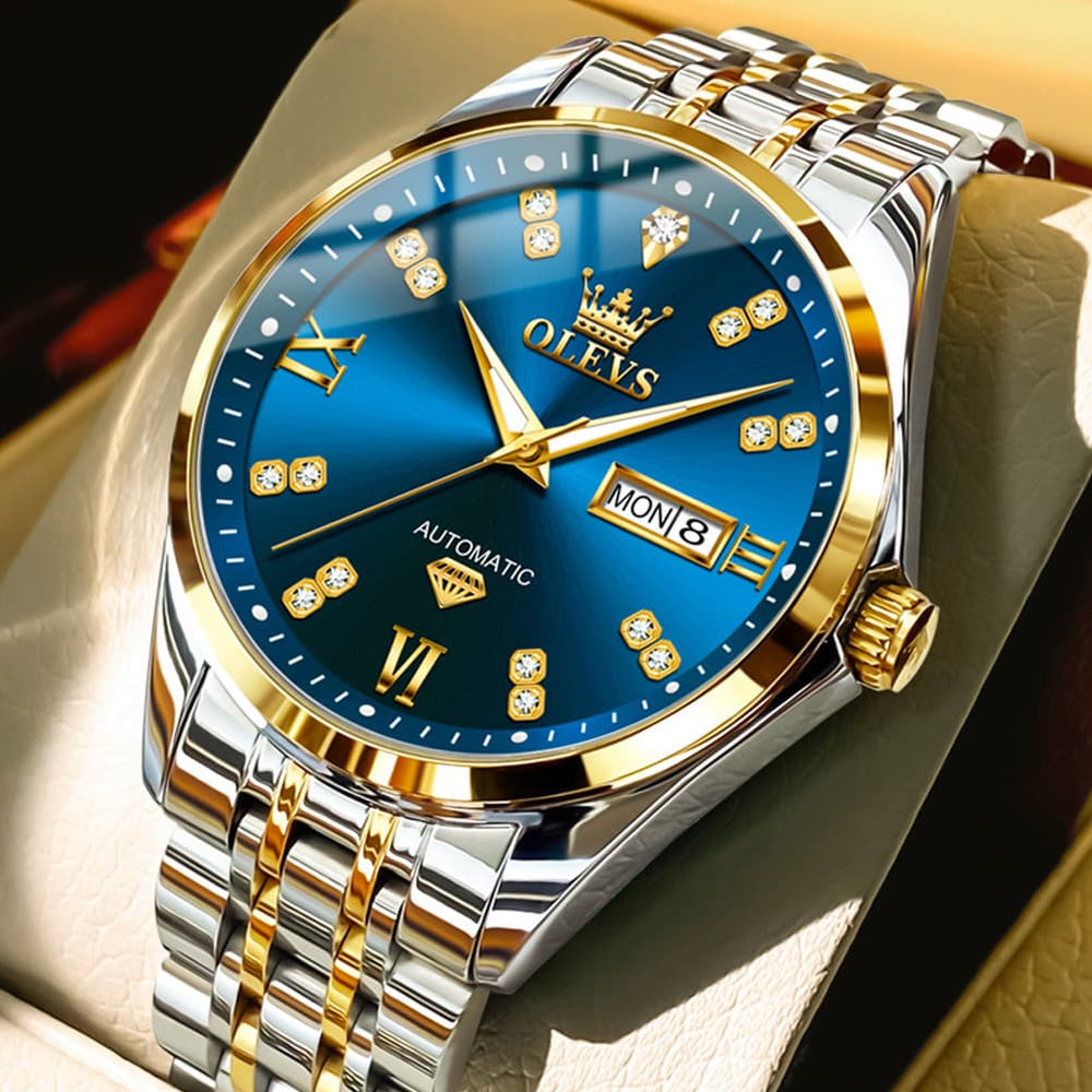 OLEVS Diamond Dial Automatic Mechanical Watch 9801 Day Date for Men - Two Tone Blue Watch | Olevs Watch Store