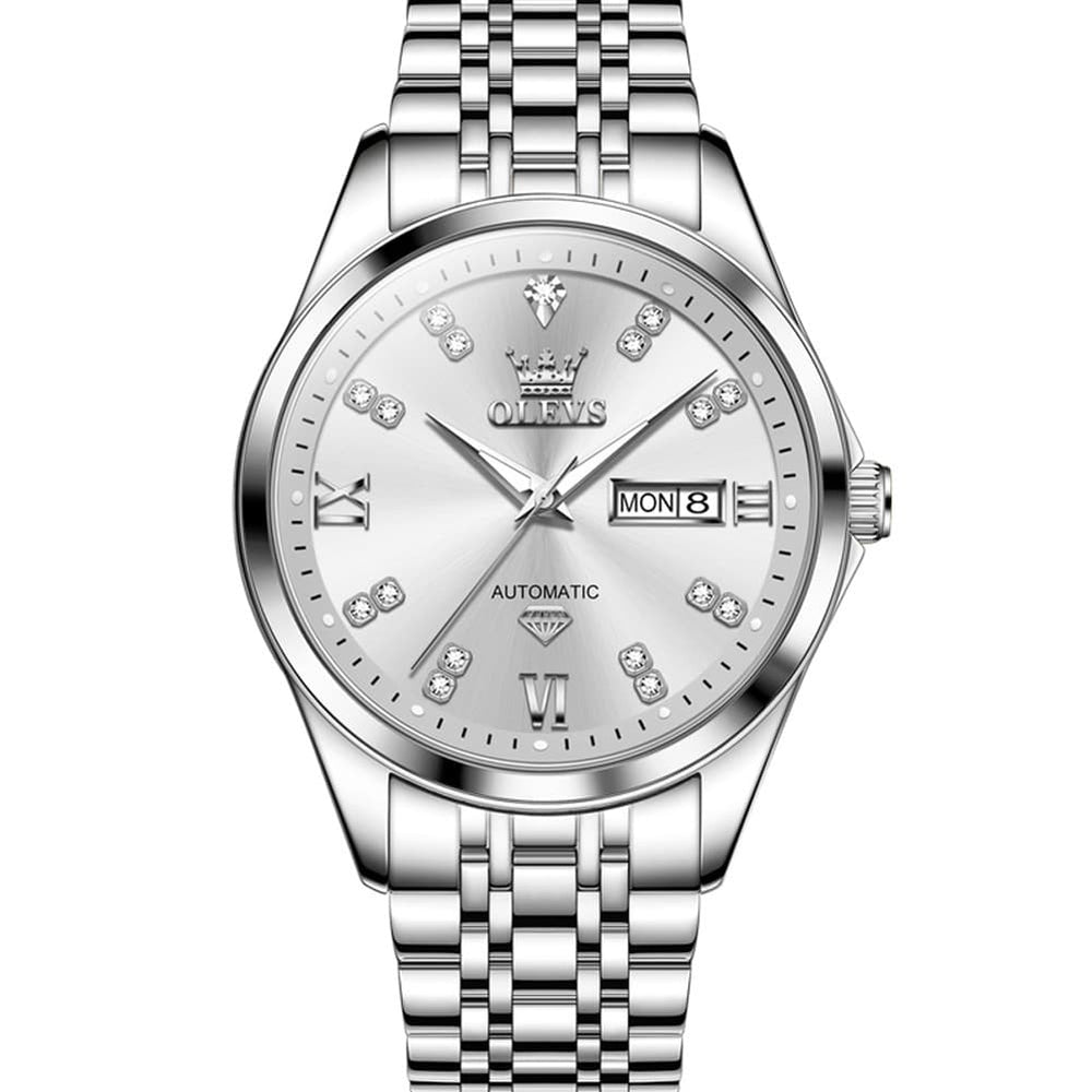 OLEVS Diamond Dial Automatic Mechanical Watch 9801 Day Date for Men - Silver Blue Watch | Olevs Watch Store