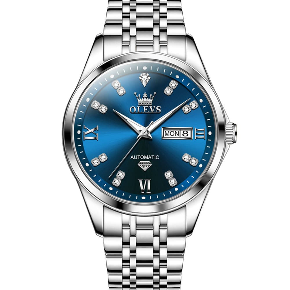 OLEVS Diamond Dial Automatic Mechanical Watch 9801 Day Date for Men - Silver Blue Watch | Olevs Watch Store