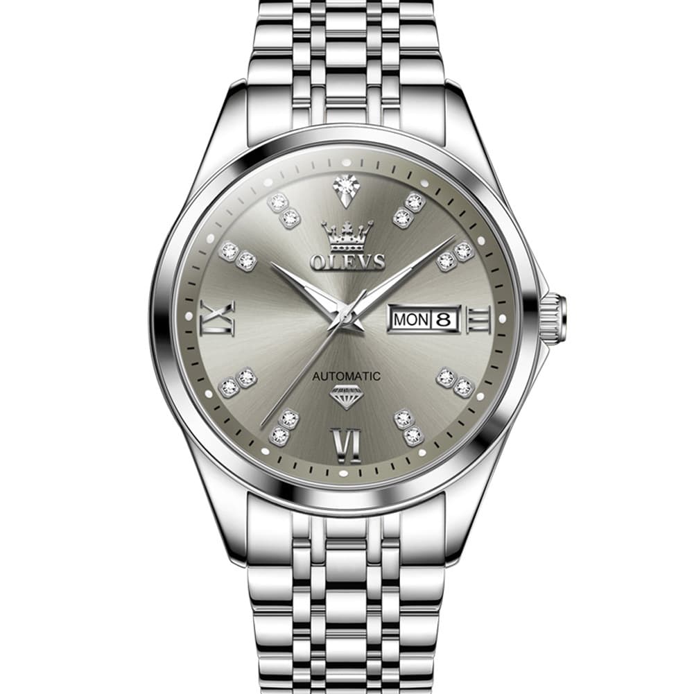 OLEVS Diamond Dial Automatic Mechanical Watch 9801 Day Date for Men - Silver Blue Watch | Olevs Watch Store