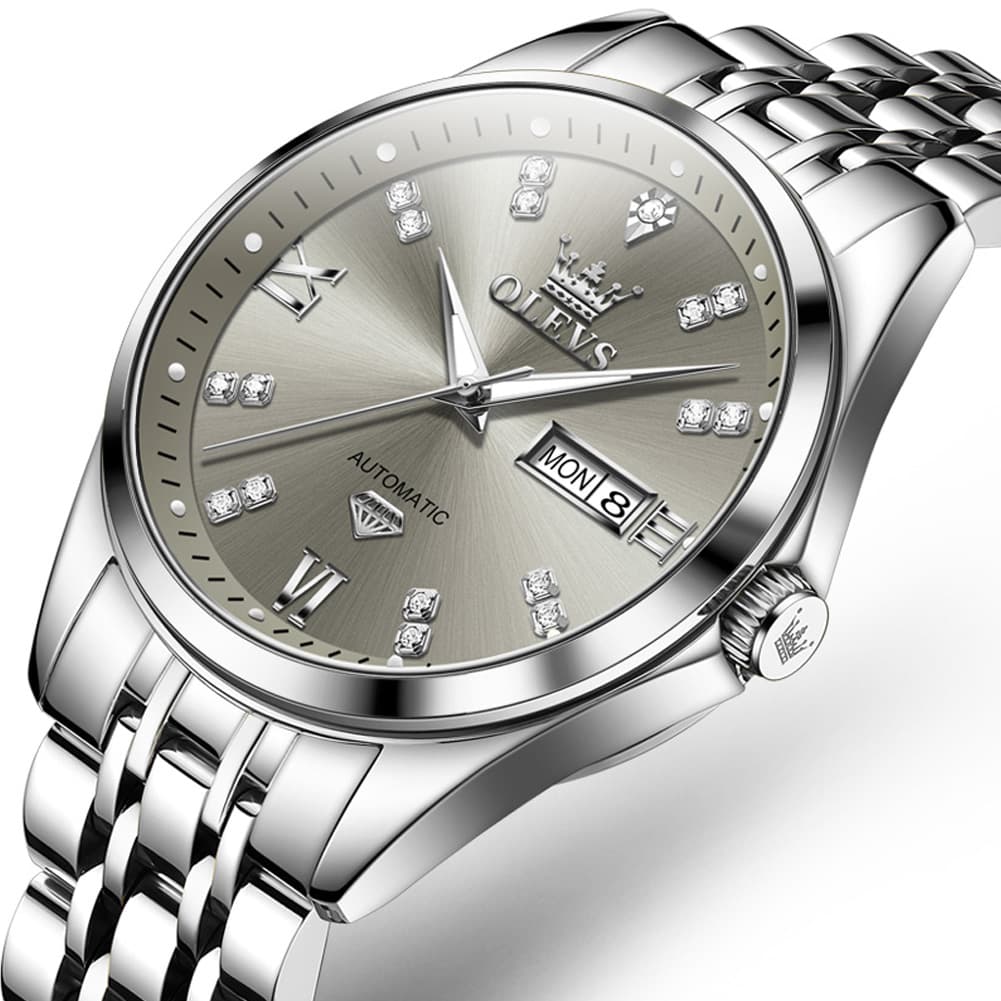 OLEVS Diamond Dial Automatic Mechanical Watch 9801 Day Date for Men - Silver Blue Watch | Olevs Watch Store