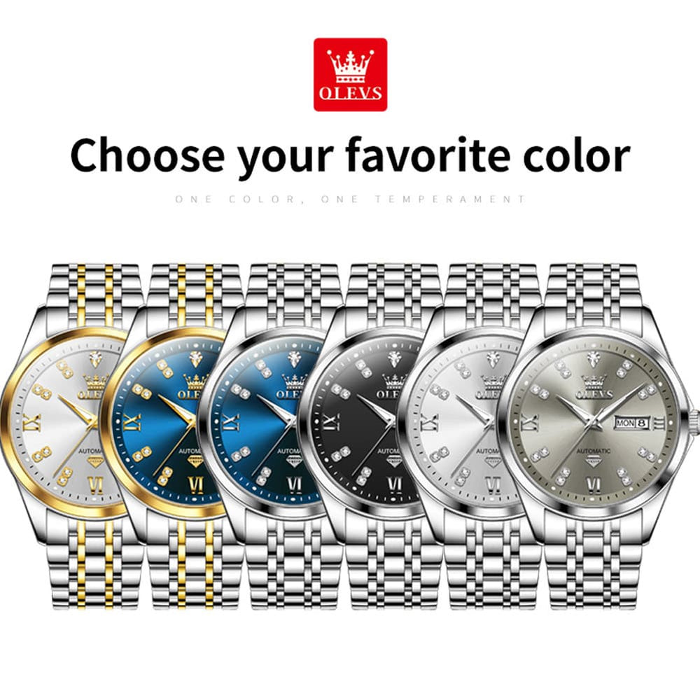 OLEVS Diamond Dial Automatic Mechanical Watch 9801 Day Date for Men - Silver Blue Watch | Olevs Watch Store