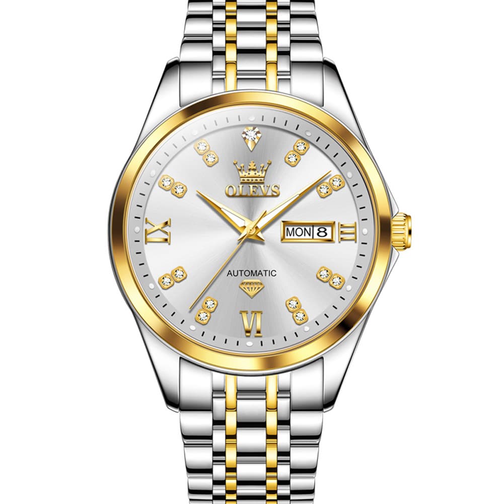 OLEVS Diamond Dial Automatic Mechanical Watch 9801 Day Date for Men - Silver Blue Watch | Olevs Watch Store