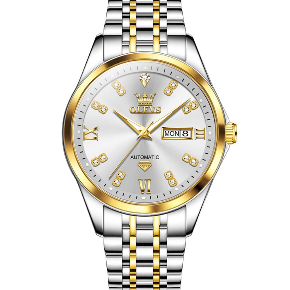 OLEVS Diamond Dial Automatic Mechanical Watch 9801 Day Date for Men - Silver Blue Watch | Olevs Watch Store