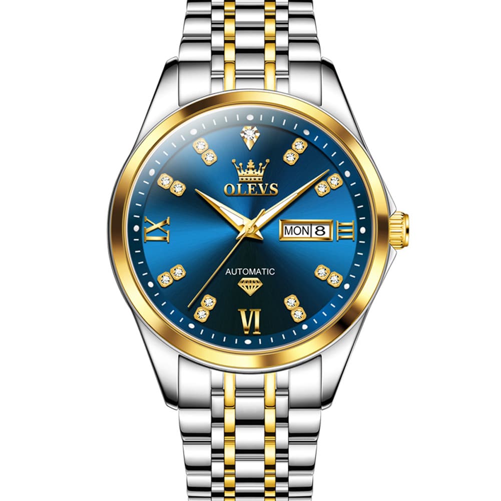OLEVS Diamond Dial Automatic Mechanical Watch 9801 Day Date for Men - Silver Blue Watch | Olevs Watch Store