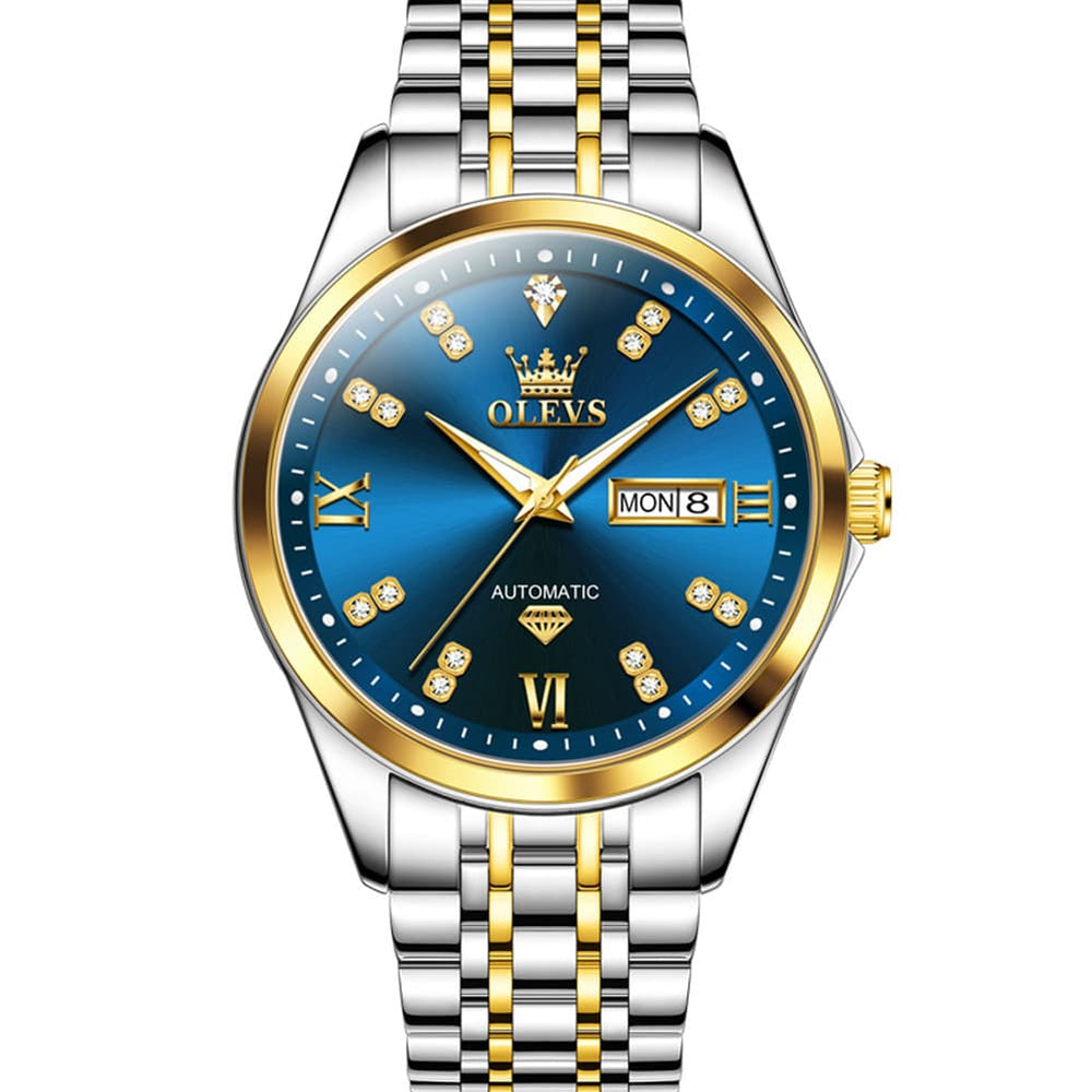 OLEVS Diamond Dial Automatic Mechanical Watch 9801 Day Date for Men - Silver Blue Watch | Olevs Watch Store