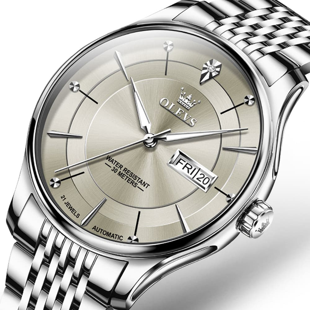 OLEVS Diamond Dial Day Date Automatic Mechanical Watch 9927 for Men - Silver Gray Watch | Olevs Watch Store