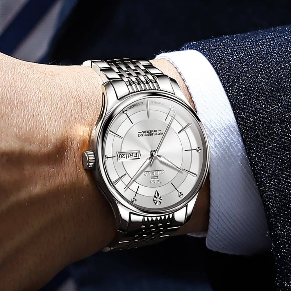 OLEVS Diamond Dial Day Date Automatic Mechanical Watch 9927 for Men - Silver Gray Watch | Olevs Watch Store