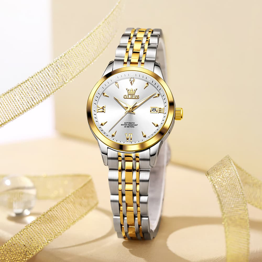 OLEVS Diamond Dial Day Date Automatic Mechanical Watch 9956 for Women - All Black Watch | Olevs Watch Store
