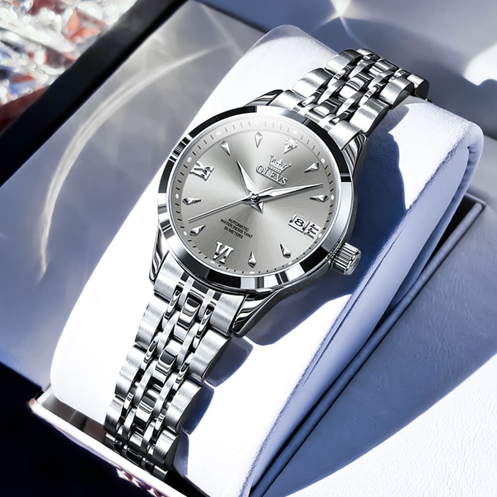 OLEVS Diamond Dial Day Date Automatic Mechanical Watch 9956 for Women - All Black Watch | Olevs Watch Store