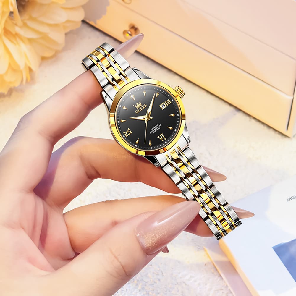 OLEVS Diamond Dial Day Date Automatic Mechanical Watch 9956 for Women - All Black Watch | Olevs Watch Store