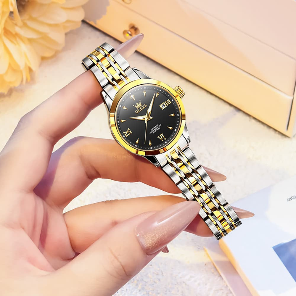 OLEVS Diamond Dial Day Date Automatic Mechanical Watch 9956 for Women - All Black Watch | Olevs Watch Store