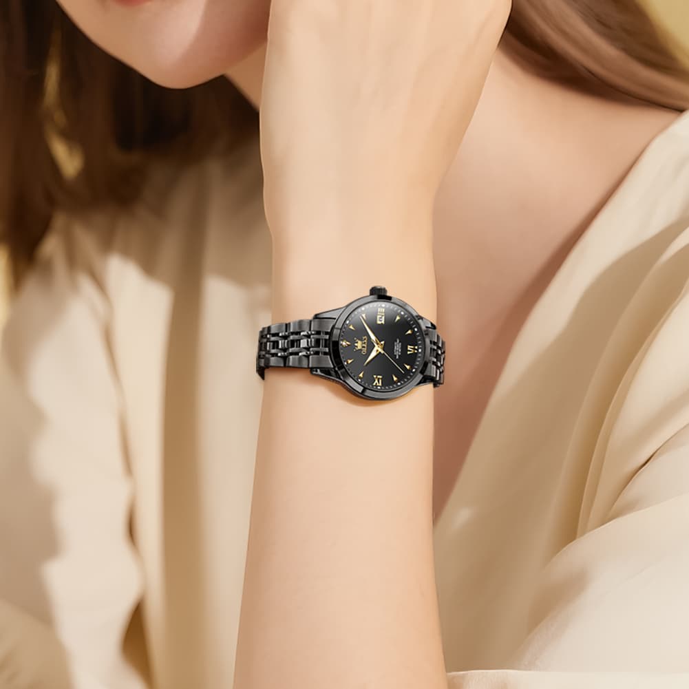OLEVS Diamond Dial Day Date Automatic Mechanical Watch 9956 for Women - All Black Watch | Olevs Watch Store