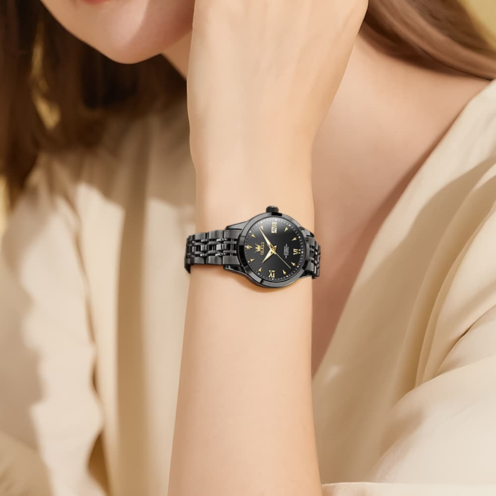OLEVS Diamond Dial Day Date Automatic Mechanical Watch 9956 for Women - All Black Watch | Olevs Watch Store