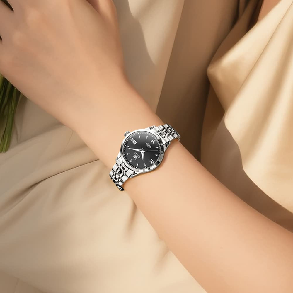 OLEVS Diamond Dial Day Date Automatic Mechanical Watch 9956 for Women - All Black Watch | Olevs Watch Store