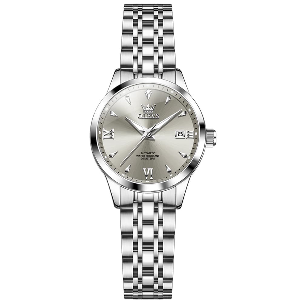 OLEVS Diamond Dial Day Date Automatic Mechanical Watch 9956 for Women - Silver Grey Watch | Olevs Watch Store