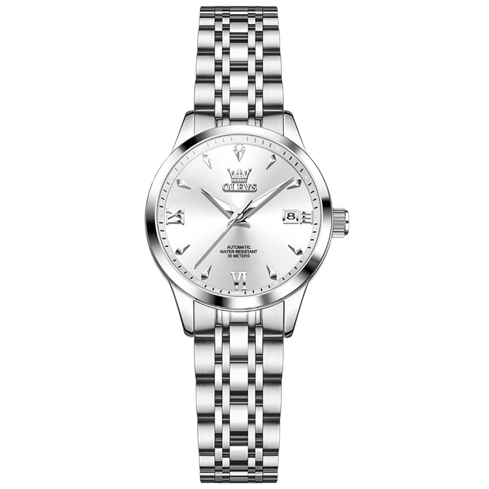 OLEVS Diamond Dial Day Date Automatic Mechanical Watch 9956 for Women - Silver White Watch | Olevs Watch Store