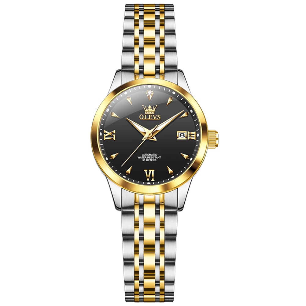 OLEVS Diamond Dial Day Date Automatic Mechanical Watch 9956 for Women - Two Tone Black Watch | Olevs Watch Store