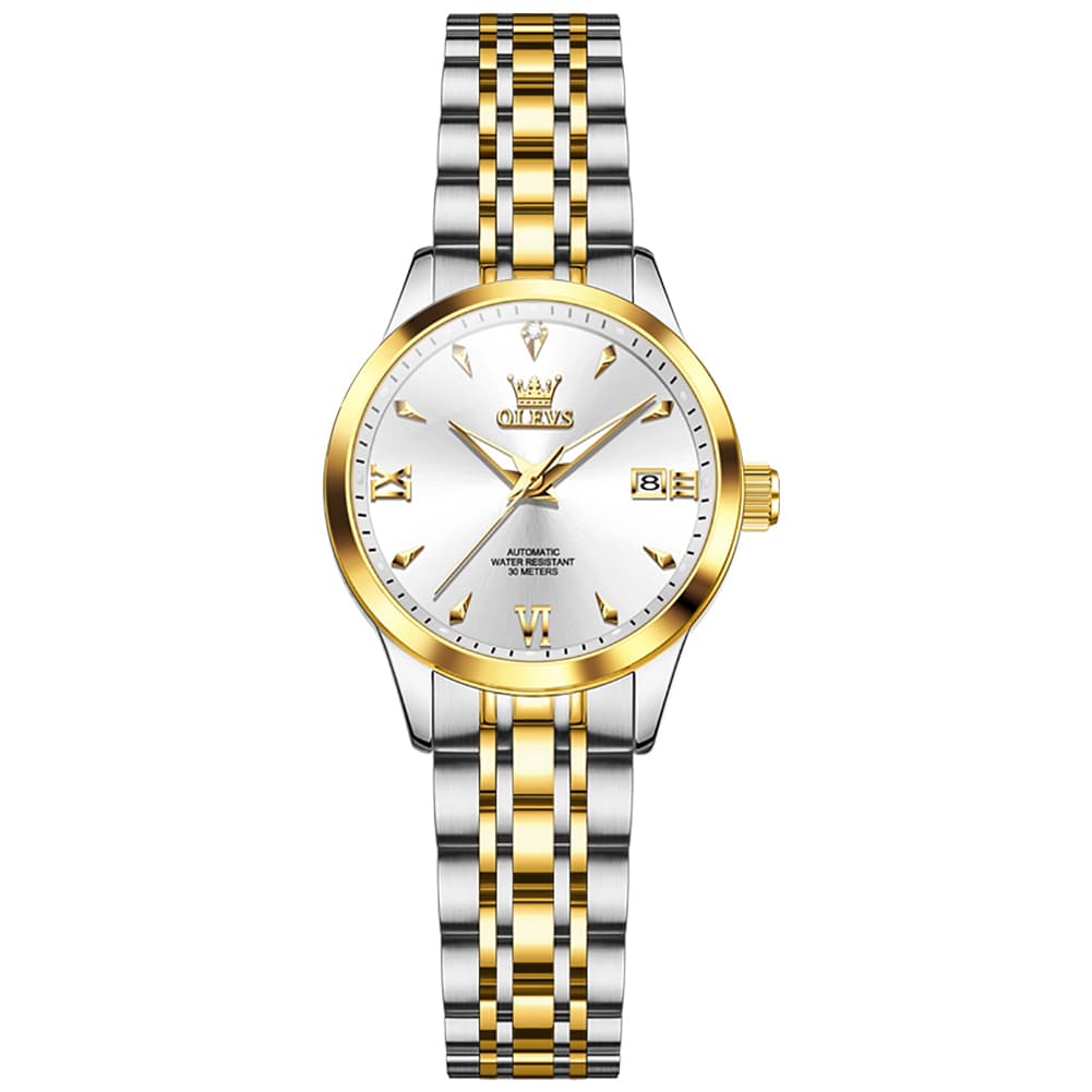 OLEVS Diamond Dial Day Date Automatic Mechanical Watch 9956 for Women - Two Tone White Watch | Olevs Watch Store