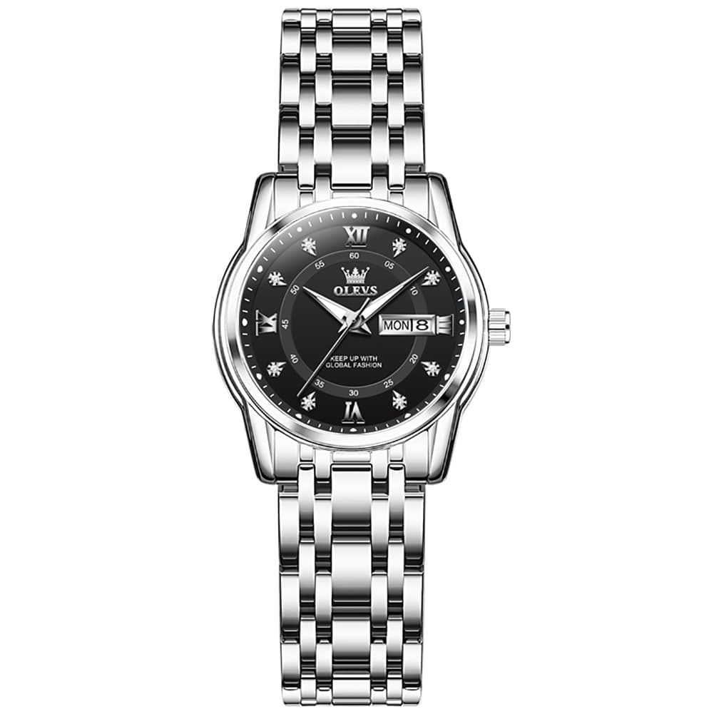 OLEVS Diamond Dial Day Date Quartz Watch 5513 Steel Band for Women - Silver Grey Watch | Olevs Watch Store